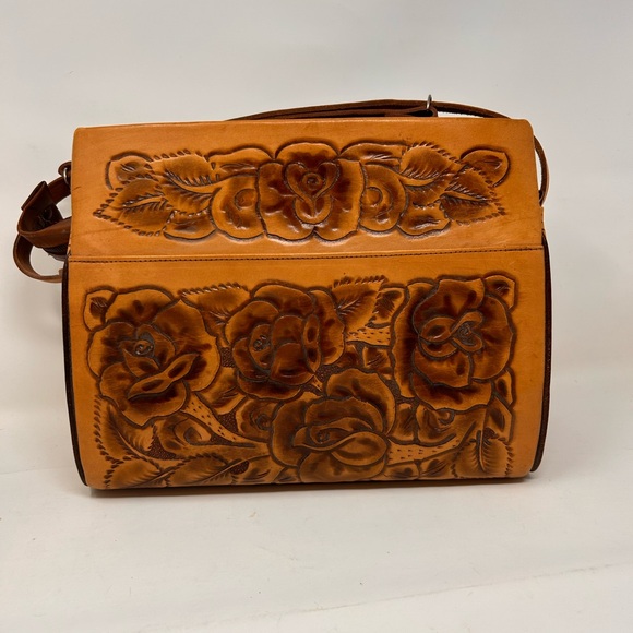 Vintage Large Leather Hand Tooled Mexico Shoulder Bag Roses - Picture 7 of 7